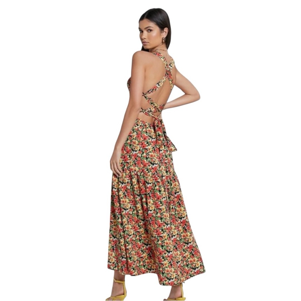 SHEIN Red Floral Lace Up Tie‎ Back Maxi Dress Medium